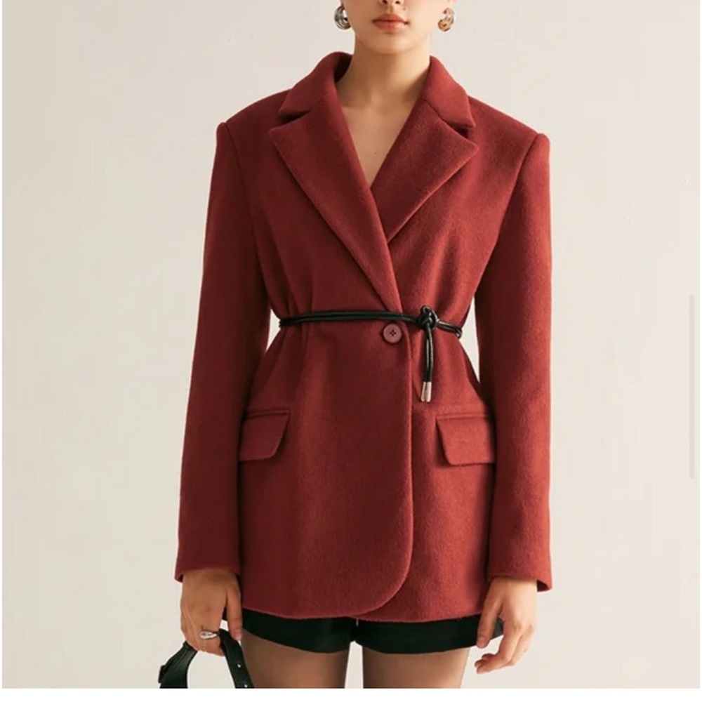 Wool blend premium quality red oversized drawstring tie belt blazer jacket - Picture 4 of 9